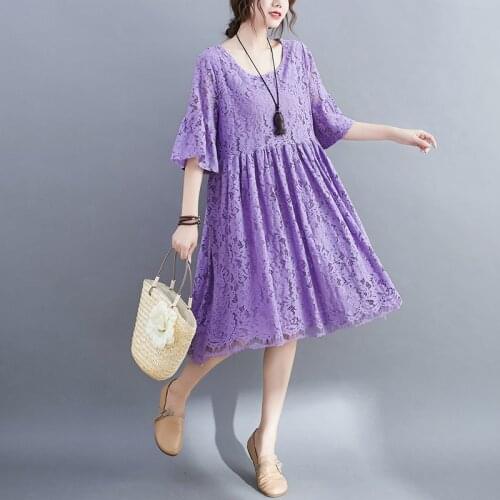 2021 New Arrival Fashion Lace Dress Short Sleeve Solid Color Loose Spring Summer Holiday Casual Dress Office Lady OL Work Dress