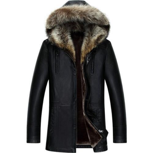 Winter new Mens Fur one Slim Leather long Zipper Button Double Leather Coat Mens Large size Hooded jacket Size M-4XL