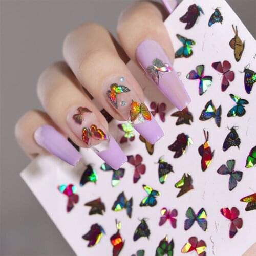 1 Sheet Colorful Laser Butterfly Designs 3D Nail Sticker Adhesive Decals Shiny Sticker Decorations Nail Art Accesoires