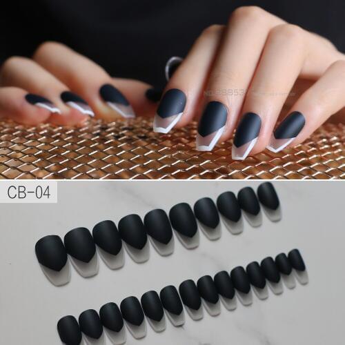 French Coffin nail 24pcs full sets fake nails Black Transparent natural color red Matte Ballet reuse Triangular simple line