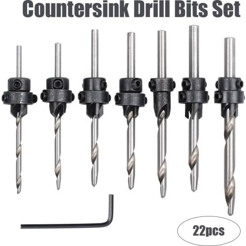 Tapered Drill Bits Countersink Set Stop Collars Hex Key Wood Pilot Hole DIY