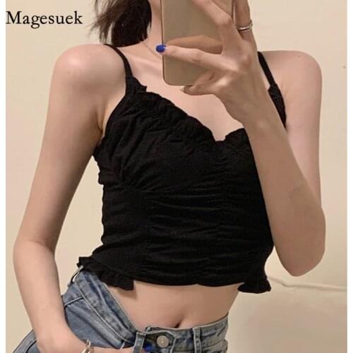 Summer 2021 Sexy Club Women Tops Solid Ruffled Fold Sleeveless Blouse for Women Sweet Spicy Cotton Folds Slim Tops Blusa 14177