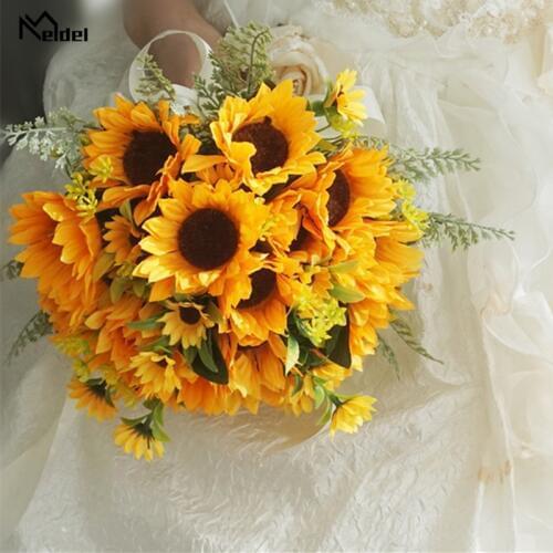 Meldel Yellow Silk Sunflower Wedding Bridal Bouquet Silk Artificial Flowers Bridal Bouquet for Wedding Bridal Holder Accessories