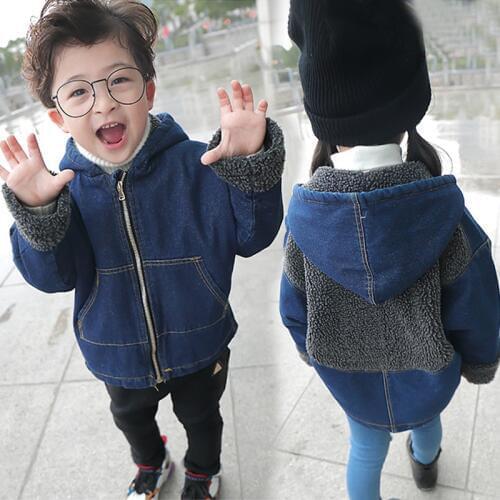 Boys & Girls Fashion Lamb Velvet Denim Jacket Autumn Winter Childrens Thickened Warm Hooded Coat Baby Kids Spliced Overcoat Clothes B360