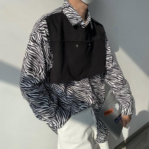 2021 Autumn Korean style Personality Fake two design shirts men casual loose Splicing Zebra pattern shirts M-XL