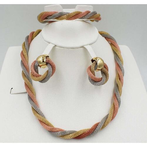 New High Quality Dubai gold big Jewelry Set 3 tones Gold color Nigerian Wedding African Jewelry Sets Parure Bijoux Femme