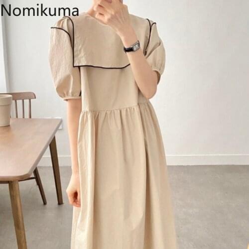 Nomikuma 2021 Summer New Dresses Korean Hit Color Patchwork O-neck Puff Sleeve Vestidos Causal High Waist Women Dress 6H002