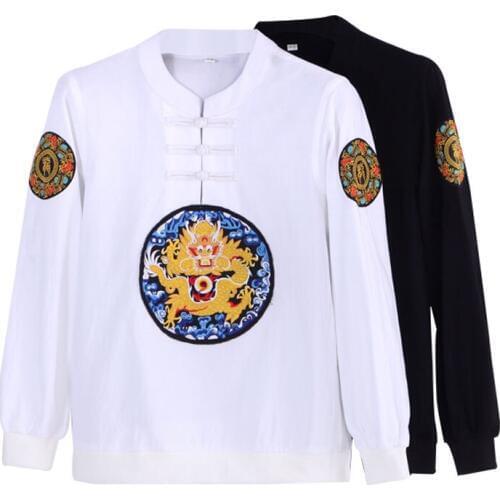 Plus Size 4XL New White Long Sleeve Kung Fu Shirts Autumn Spring Embroidr Dragon Totem Sweater Cotton Linen Tops For Men