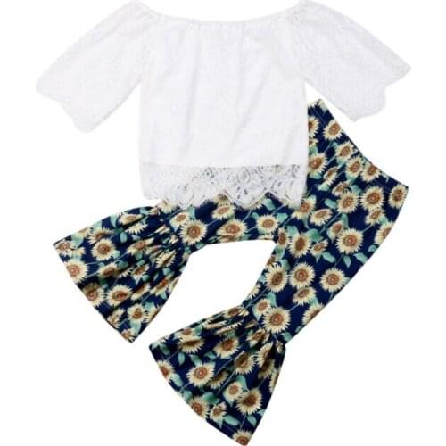 Baby Girl Clothes Princess Infant Baby Girl Clothes Short Sleeve Lace Tops+Sunflower Flared Pants 2PCS Outfit Set