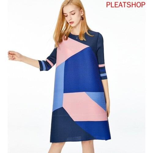 Color Block Dress Summer Miyake Fold round Neck 7 points sleeve elegant dress pleats vestidos women clothes club dresses