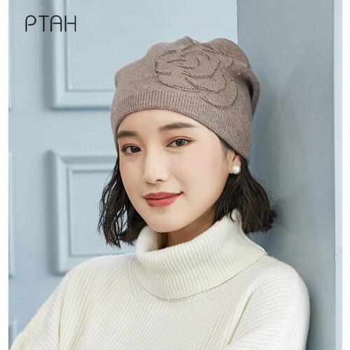 [PTAH] Knitted Hat Women Winter Hats for Women Ladies Brand Pure Color Outdoor Girls Cap Female Skullies Beanies Warm Woolen Hat