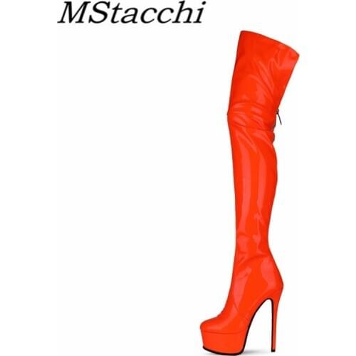 Mstacchi Plush Solid Color Patent Leather Women High Heel Boots Platform Round Toe Sexy Over-the-knee Ladies Shoes Botas Mujer