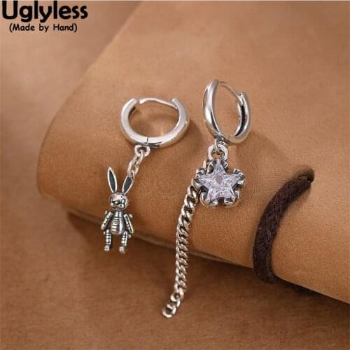 Uglyless Asymmetric Rabbit Bunny Earrings for Women Zircon Star Earrings Thai Silver 925 Silver Ear Hoops Silver Chains Jewelry