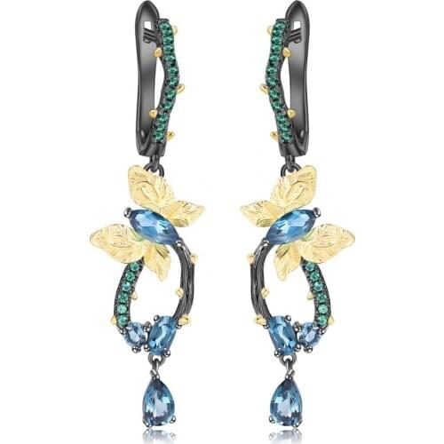 Natural Topaz Earrings 925 silver London Blue Retro Earrings Handmade fashion Butterfly Earrings