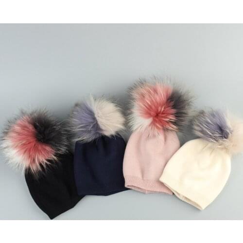 Patchwork Raccoon Pompom Beanie Newborn Girls Boys Warm Plain Cotton Baby Soft Beanies Hats For Kids