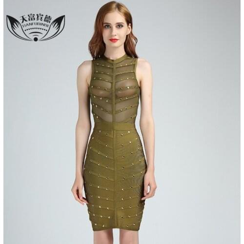 TFBDWomen Sexy Bandage Dress Sleeveless Rivet High Elasticity Mesh Stripe Above Knee Dresses Summer Ladies Rayon Party Clothes