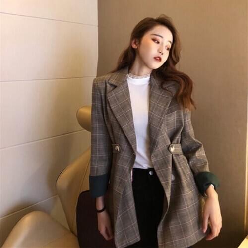 Vintage Plaid Women Blazer Autumn Female Work Jacket Double Breasted Elegant Suits Outwear Feminino