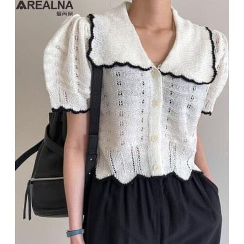 Vintage Short Sleeve Square collar cardigan women hollow Knitted Single Breasted Tops Korean Fashion kawaii sweater top femme