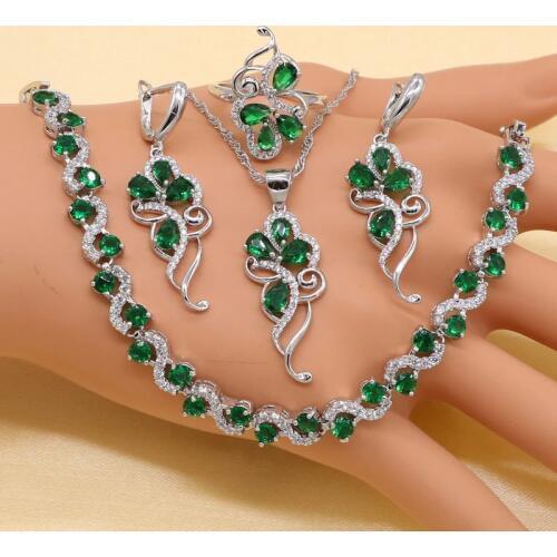 925 Sterling Silver Green Stones Cubic Zirconia Jewelry Sets For Women Earrings/Pendant/Necklace/Ring/Bracelet