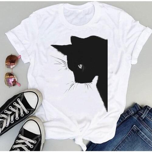 Women Clothing Cartoon Cat Funny New 90s Cute Fashion Print Sweet Summer Short Sleeve Lovely Clothes Tops Tees Tshirt T-Shirt