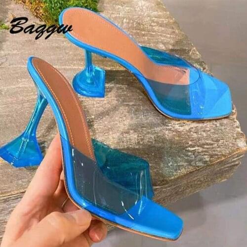 Women Slippers Summer Fashion Sexy Transparent PVC Crystal Clear Heeled High Heels Female Mules Slides Square Toe Shoes 2021 New