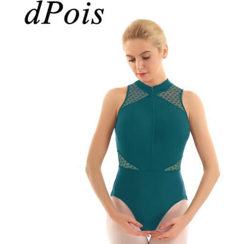 Women Adults Ballet Dance Dress Ballerina Mesh Splice Zipper Gymnastics Leotard Bodysuit Costume Contemporary Lyrical Dancewear