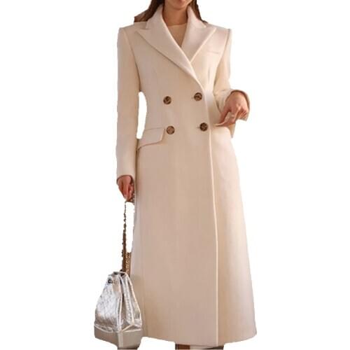 New Autumn winter Women woolen Coat Women double breasted Plus Size Wool Coat White Wool blens Coat