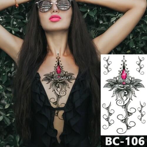 1 Sheet Chest Body Tattoo Temporary Waterproof Jewelry Lotus magenta gem totem pattern Decal Waist Art Tattoo Sticker for Women
