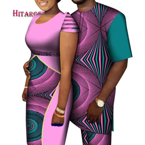 2021 Summer Fashion Couple Clothes Man Top+Pant set and Women Short Sleeve Dress 1Pcs Traditional African Couple Clothing WYQ656