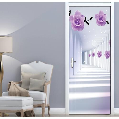 3D Space Creative Door Sticker Living Room Wallpaper Purple Floral PVC Waterproof DIY Mural Poster Home Decor Stickers Tapety 3D