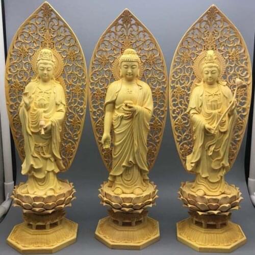 3PCS High grade wood carving All-powerful Three Sages XI FANG SAN SHENG Buddha statue home Temple efficacious bless Talisman