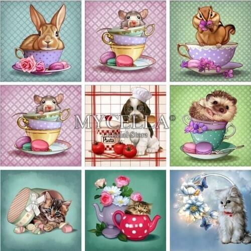5D DIY Diamond Painting Cross Stitch Cup Animals Dog Mouse Cat Needlework Full Round Rhinestone Mosaic Diamond Embroidery Teapot