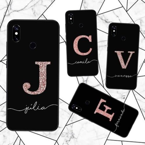 ABC Name Letter Monogram Pink Glitter Gold Phone Case For Xiaomi Redmi note 7 8 9 pro 8T 9S Mi Note 10 Lite pro