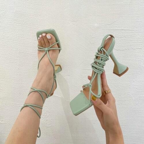 2021 Summer New Cross-Strap Leather Womens High Heels Sandals Square Toe Strange Heel Female Party Shoes