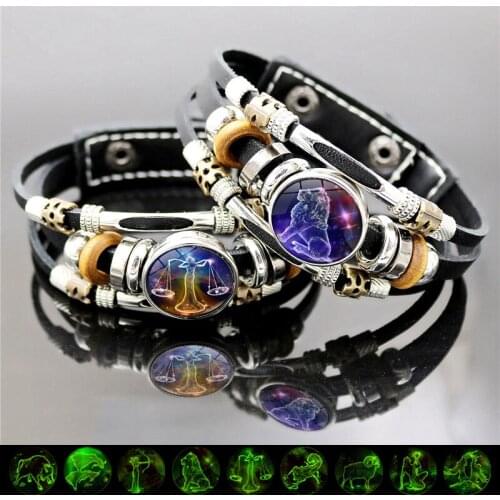 12 Constellation Bracelet Luminous Zodiac Sign Snap Button Multilayer Weave Leather Bangle Bracelet Men Jewelry Birthday Gift