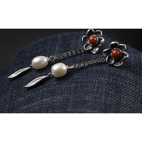 FNJ Tassel Flower Earrings 925 Silver 100% Pure Original S925 Silver Sterling Drop Earring for Women Jewelry Red Agate Pearl