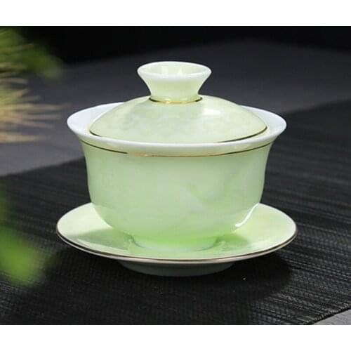 Chinese Gaiwan Tea Set Kungfu Anti-scald Ceramic Tea Cover Bowl with Lid and Saucer Relief Landscape Birds Tea Cup Teaware