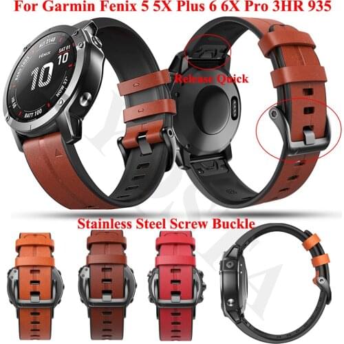 Leather Watch Band Strap For Garmin Fenix 6 6X Pro 5 5X Plus Quick Fit Silicone Bracelet 3HR Forerunner 935 945 Watchband Correa