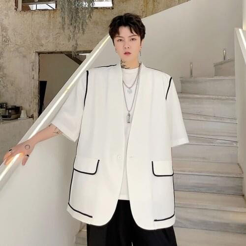 Summer black and white contrast hem loose collarless short sleeve Blazer trend mens large Korean suit coat