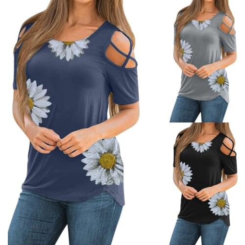 Fashion Daisy Print T-shirt Women Round Neck T-shirt Casual Pullover Loose Tops Strapless Sexy Clothes Camisetas De Mujer 2021