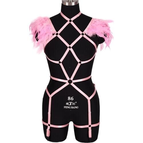 Fashion Women Feather Hollow Harness Sets Gothic Sexy Body Bondage Leg Stocking Garter Strap Bra Suspenders Erotic Lingerie