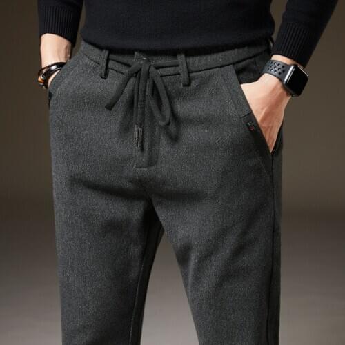 Mens Winter Fleece Warm Casual Pants Classic Style Thick Cotton Straight-leg Trousers Male Brand Men Clothing