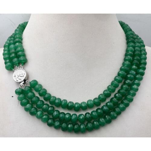 Huge 5x8mm NATURAL green jade FACETED BEADS NECKLACE 3 Row 18-20'' jade