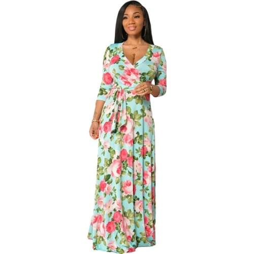 Autumn sashes 3/4 sleeve v neck high waist floral print wrap maxi dress Classy tropical beach vacation party flowy dress 2021