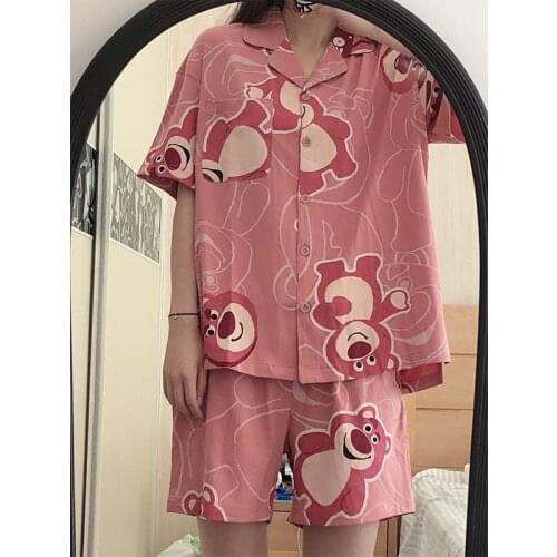 Korean Little Bear Girls Pajamas Set Cute Summer Short Sleeve Leisure Sleepwear For Cow Women Loose Nightwear Homewear Suit