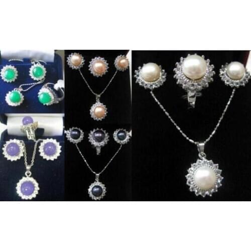 Mix color-white/pink/black pearl/purple/green jade 18KGP ring pendant earrings set can choose