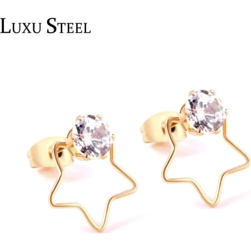 LUXUSTEEL Baby/Girl/Women Earring Stainless Steel Star Shape With Cubic Zirconia Stud Earring Push Back Jewelry Wholesale Gift