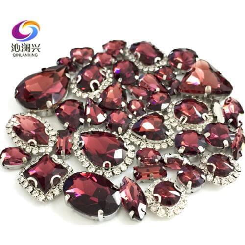 Wine red color Mix size Crystal buckle+claw rhinestone,Silver base galss sew on stones diy/Clothing accessories 50pcs/pack