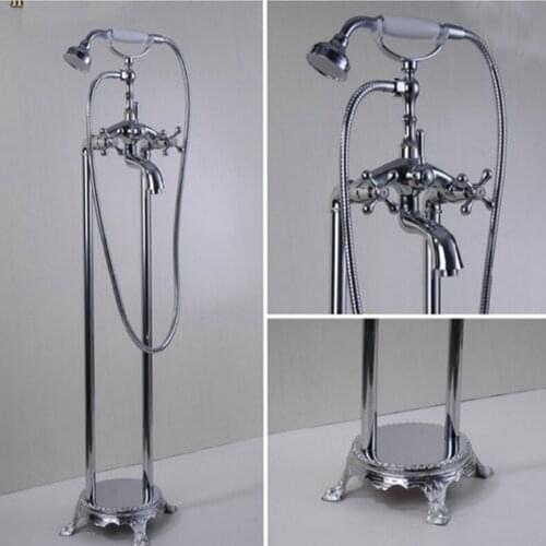 Free Standing Floor Mounted Chrome Brass Clawfoot Bathtub Filler Mixer Tap Set Shower Faucet