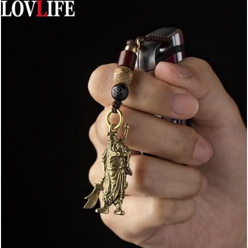 Vintage Brass Buddha Figurines Keychain Lanyard Hanging Trinkets Solid Copper Car Key Lanyard Pendant Handmade Braied Rope Gift